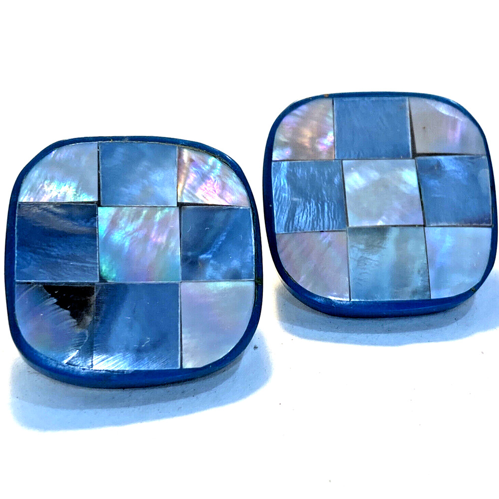 Vintage Pierced Earrings MOP Mother of Pearl Shell Button Style Mod Blue Squares